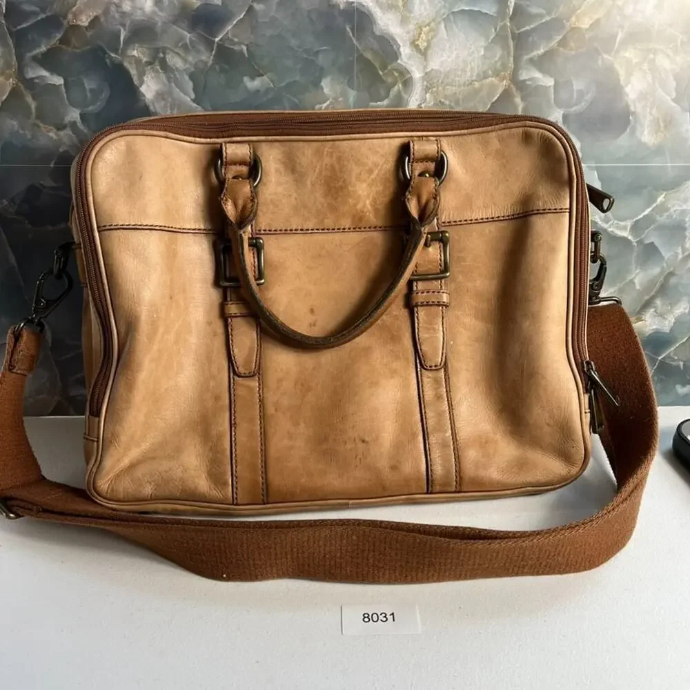 FOSSIL Laptop Bag Brown Leather Satchel Brown Lining Messenger Shoulder Strap